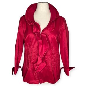 Samuel Dong Red Ruffle Front Zip Jacket Top XL Stretch Career Evening
